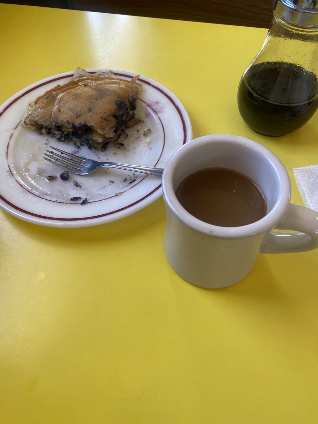 A white mug of coffee beside a plate of blueberry pancakes on a yellow table.